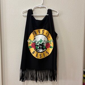 Black Fringe Tank Top with Graphic Print